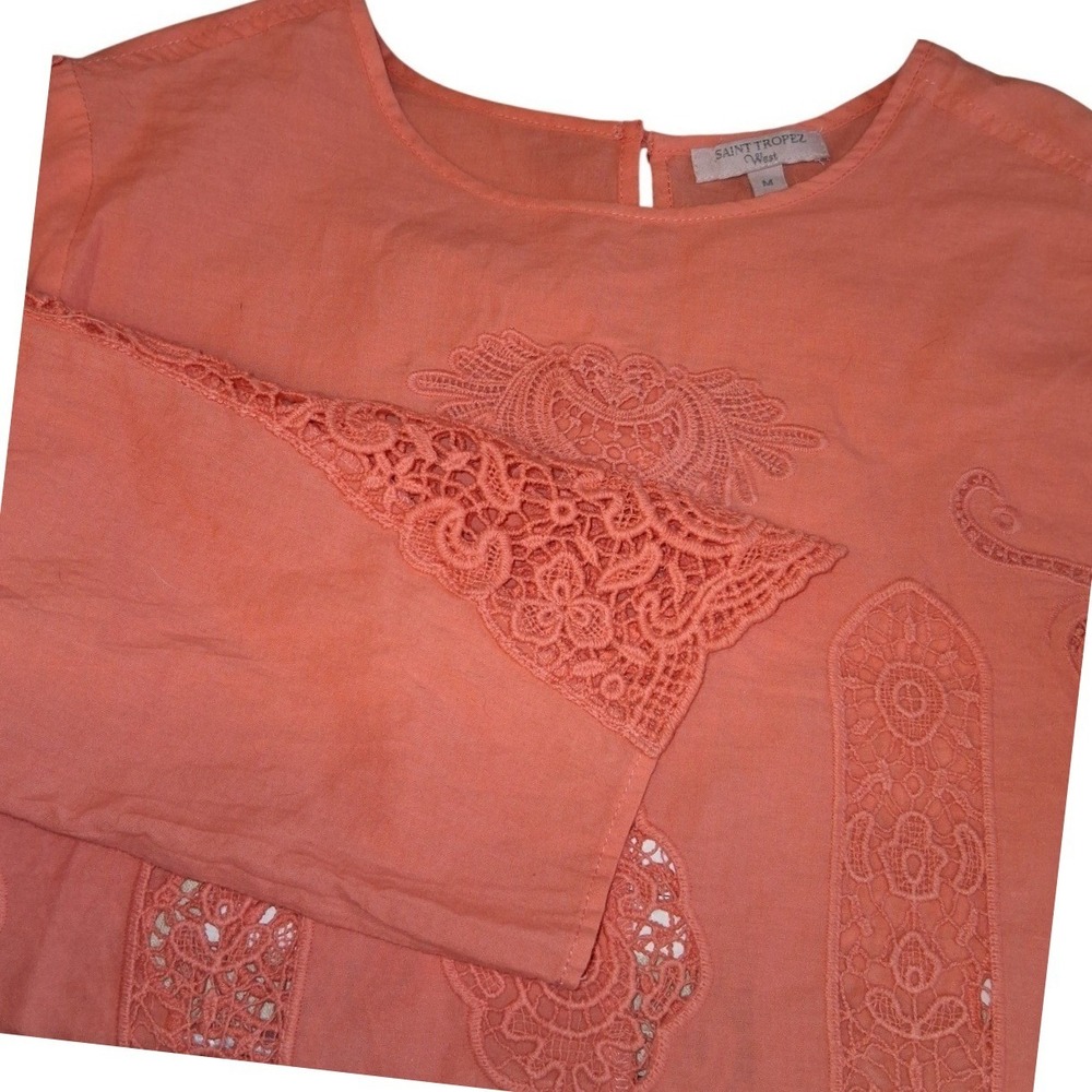 Saint Tropez West Coral Womens Crochet 3/4 sleeve Top Medium Cotton Beach‎ EUC